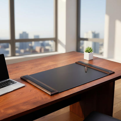 DACASSO Wood & Leather Desk Pad with Side Rails - Luxury Leather Desk Blotter for Writing - Padded Executive Desk Surface Protector - (Walnut & Black, 34” x 20”)