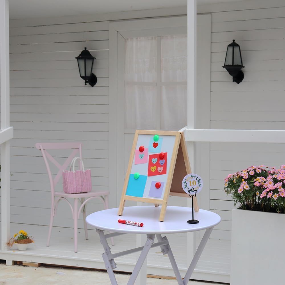 Wooden Freestanding A Frame Non Magnetic Chalkboard and Magnetic Dry Erase White Board Display Sign, Double Sided Tabletop Message Board for Home, Office and Counter