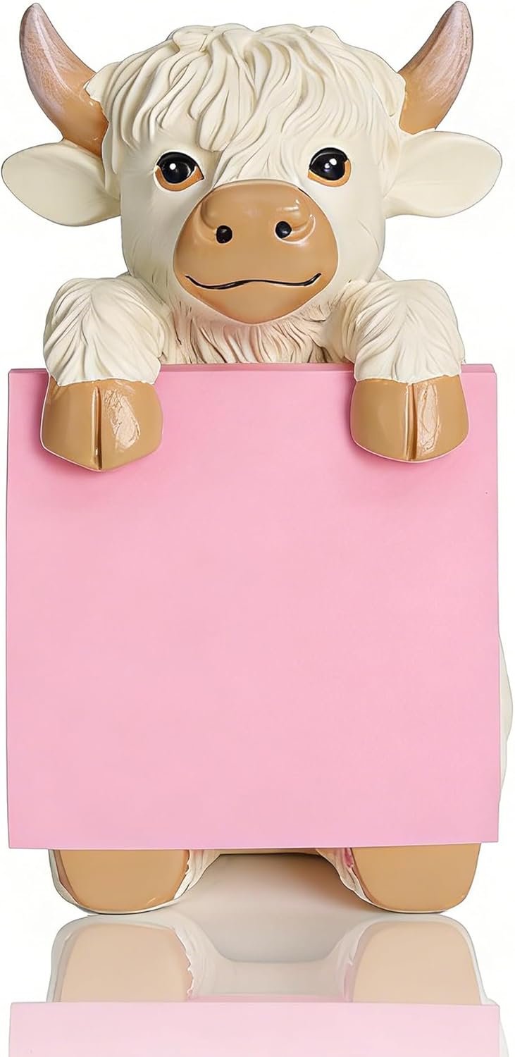 Highland Cow Pop-up Sticky Note Dispenser, Includes 1 Pad of 3x3 in Super Sticky Notes, 100 Sheets, Resin Cute Handmade Desk Holder for Office & Home-Beige