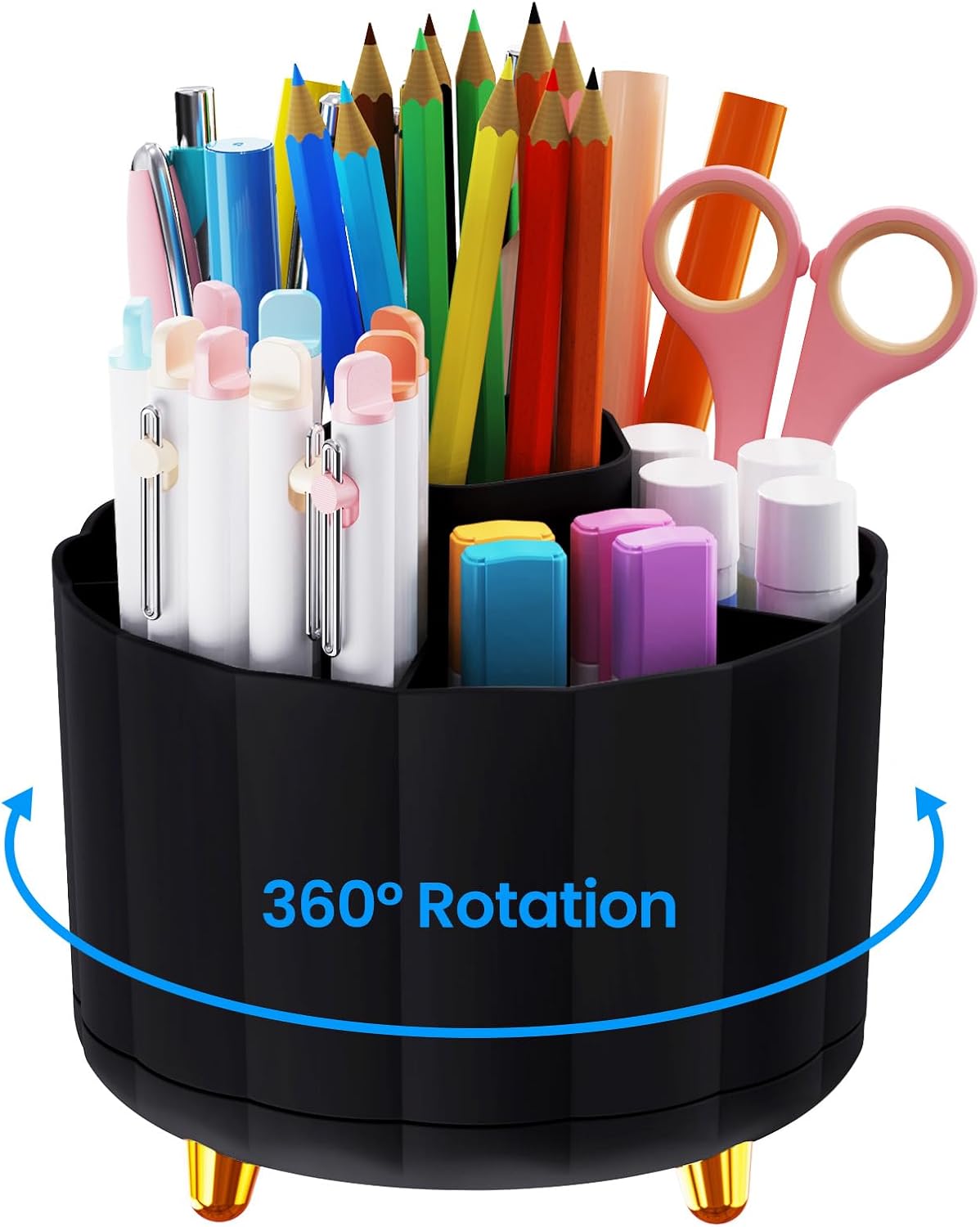 360 Rotating Pencil Pen Holder for Desk, White Pen Organizer with 6 Slots, Cute Office Supplies, Desk Accessories for Office, School, Home