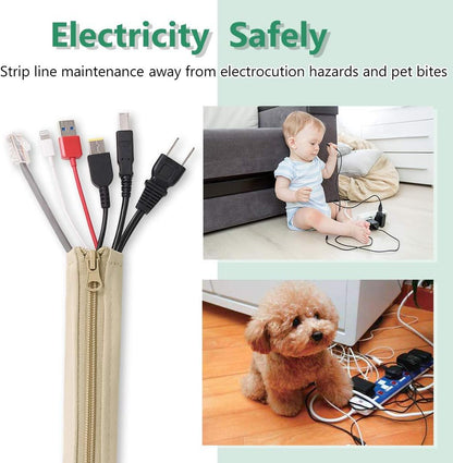 Flexible Cable Management Sleeve with Zipper - Extendable Cord Organizer System Wrap Wire Cable Cover Sleeve Holder, Keep Home & Office Clean Safe Protector for TV/Media, Beige, 39 Inches, 2 Pcs