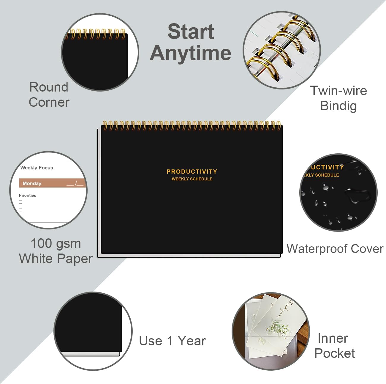 Weekly Productivity Planner - 8" x 11" Dashboard Desk Pad/Planner, Habit Tracker, Spiral Undated Weekly Planner for Office/School/Home, 54 Weeks, Black