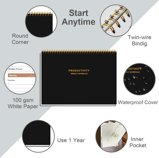 Weekly Productivity Planner - 8" x 11" Dashboard Desk Pad/Planner, Habit Tracker, Spiral Undated Weekly Planner for Office/School/Home, 54 Weeks, Black