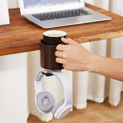 GUNKING Luxury 2-in-1 Anti-Spill Cup Holder with Under Desk Headphone Hanger (White)