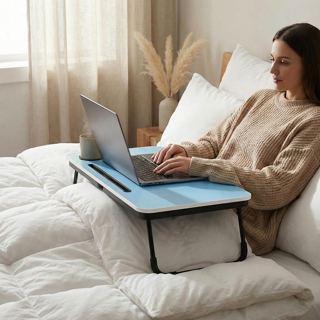 BUYIFY Foldable Laptop Bed Desk for Couch, Sofa - Large Lap Desk Tray Table with Cup Holder and Tablet Slot - Portable Notebook Stand for Eating, Writing, Studying and WFH -NEW-006-USA Original Patent