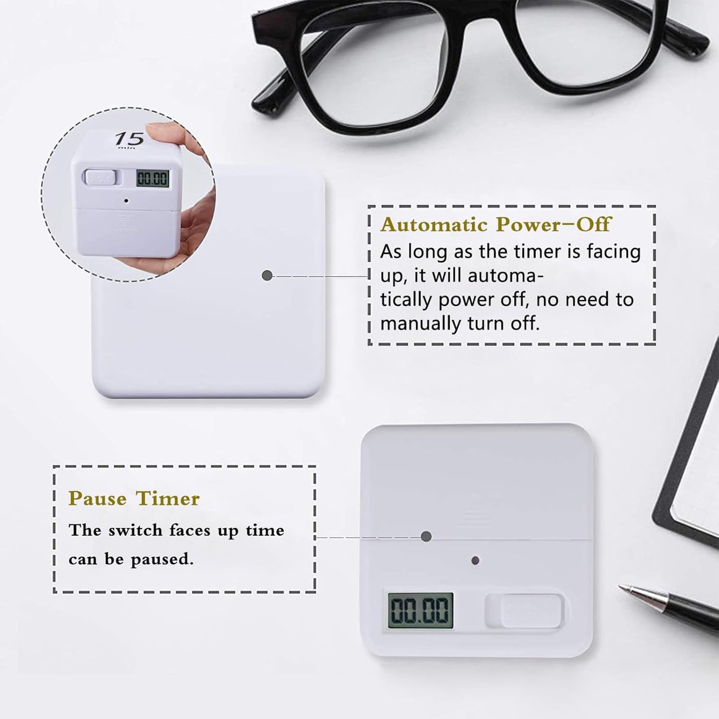Rotating Pomodoro Timer, 5/25/15/45 Mins Preset, Desk Cube Countdown Flip Productivity Timer for ADHD, Time Management, Classroom, Workout, Kitchen, Cooking, Study, White