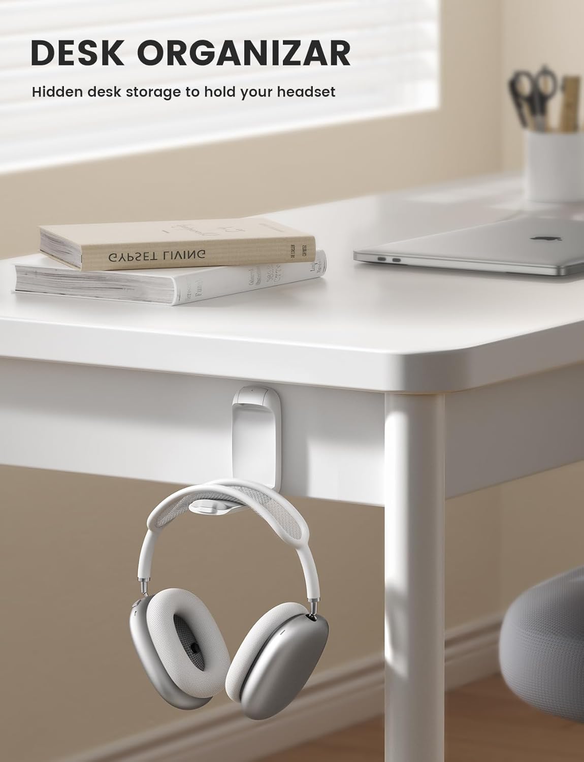 Lamicall Headphone Stand, Sticky Headset Holder - [Foldable & Compact] Headphone Holder Hook Mount, Adhesive Hanger Clip Under Desk, Earphone Clamp for Airpods Max, HyperX, Sennheiser, Black