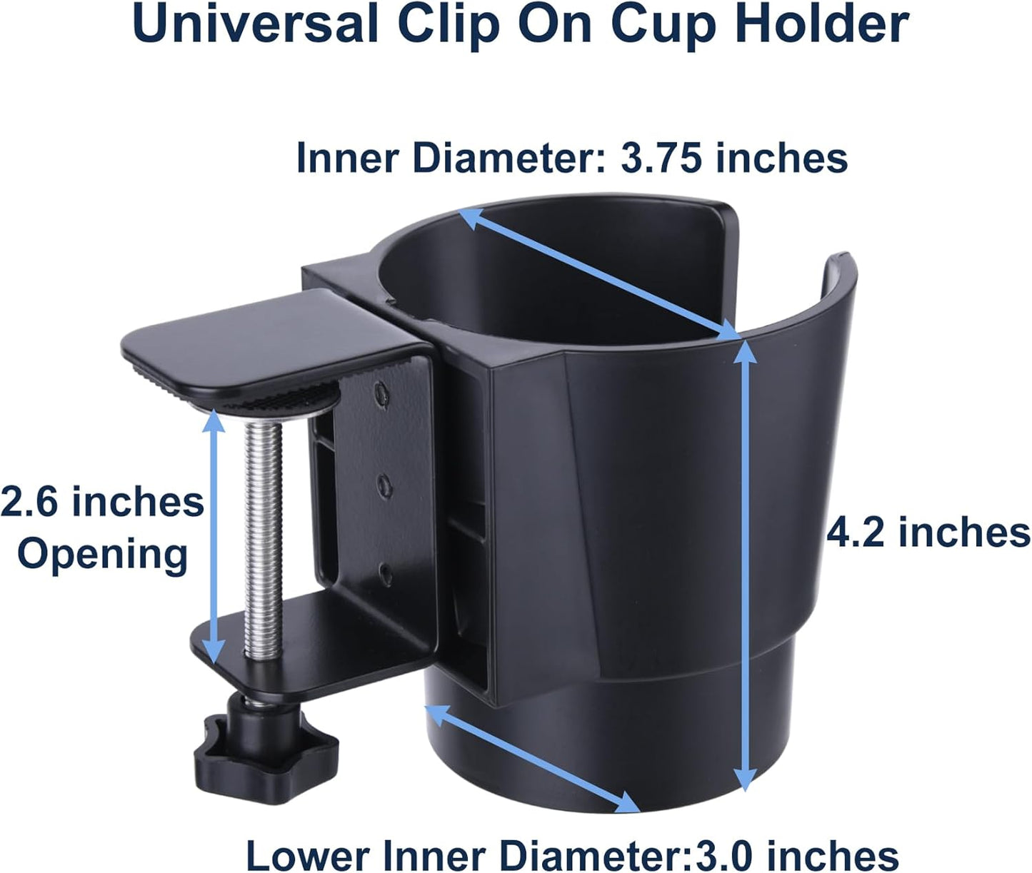 Universal Large Desk Cup Holder Clamp on, Heavy Duty Plastic Drink Holder for Table, Porch Swing, Patio Chair, Clip On Anti-Spill Bottle Holder for Most Cups, Bottles, Cans, Tumbles, Black, Pack of 1
