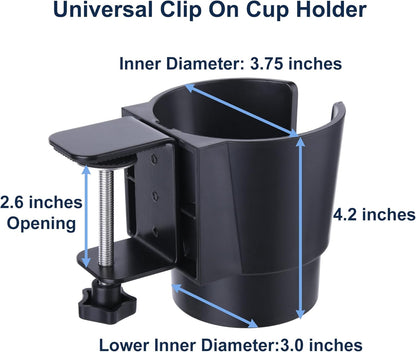Universal Large Desk Cup Holder Clamp on, Heavy Duty Plastic Drink Holder for Table, Porch Swing, Patio Chair, Clip On Anti-Spill Bottle Holder for Most Cups, Bottles, Cans, Tumbles, Black, Pack of 1
