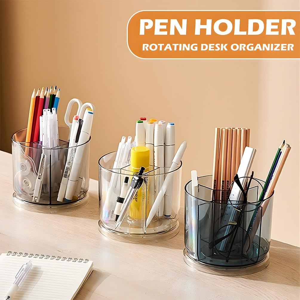 360 Degree Rotating Desk Organizer, Dual-Purpose Pencil Pen Holder, Rotating Desk Pen Organizer with 5 Compartments, Marker Caddy Pencil Cup for Office, Home, School (Clear)