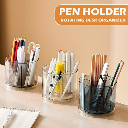 360 Degree Rotating Desk Organizer, Dual-Purpose Pencil Pen Holder, Rotating Desk Pen Organizer with 5 Compartments, Marker Caddy Pencil Cup for Office, Home, School (Clear)