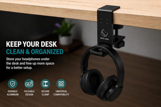 Under Desk Headphone Hanger, Foldable Aluminum Headset Hook for Clean Desk Setup, Space Saving Clamp Mount for Gaming & Home Office