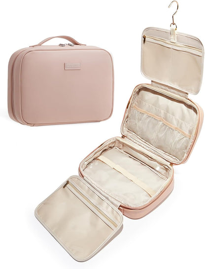 EACHY Toiletry Bag with Hanging Hook, Travel Makeup Bag PU Leather Cosmetic Bags for Women Make Up Organizer with 4 Compartments Waterproof Full-Size Portable Travel Essentials (Beige)