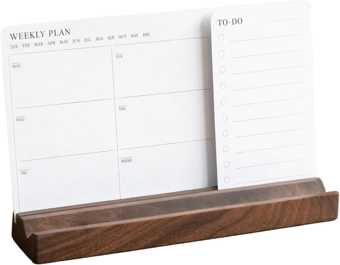 Minimalist Weekly Planner Desk Set – Solid Black Walnut Stand with Pen Tray, Double-Sided Planner & To-Do Cards (Walnut Stand and Planner Cards)