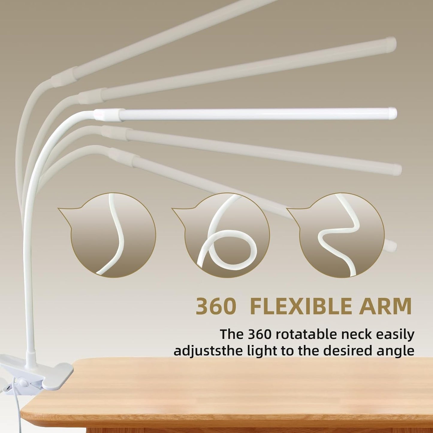 Clip on Desk Lamp with Long Flexible Arm, 3 Color Modes & 10 Dimmable Brightness LED Task Light, USB Powered for Home Office, Sewing, Study, Craft, Easel
