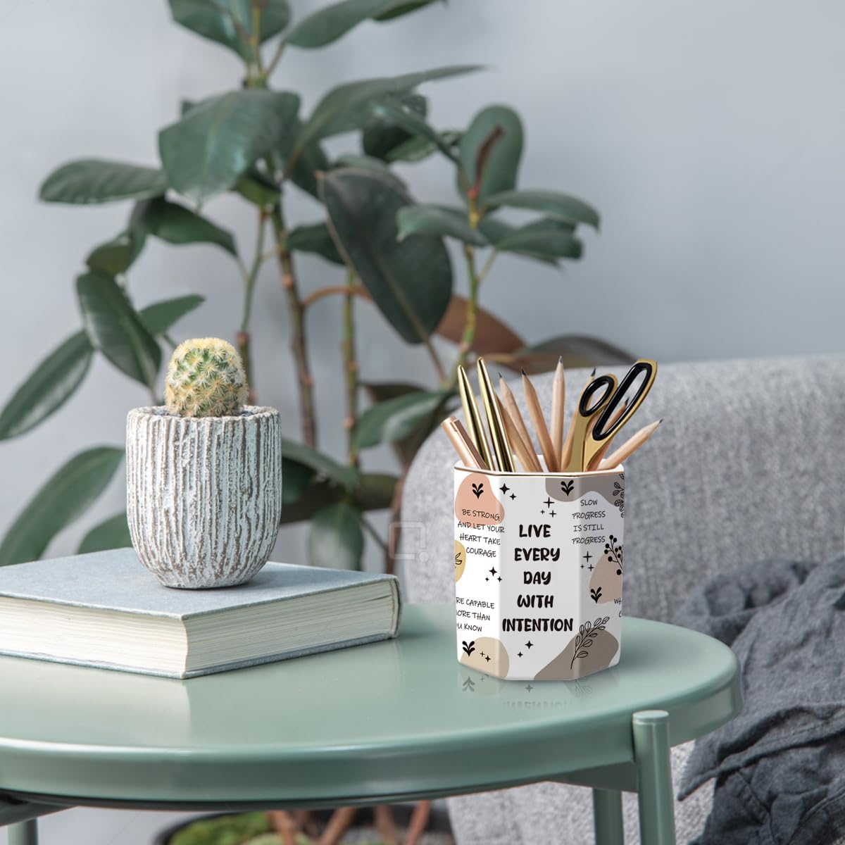 Pen Holder, Pencil Holder for Desk, Marble Desk Organizer Cute, Durable Ceramic Pencil Cup, Decorative Makeup Brush Holder Cup, Stationery Holder for Office, Home, Gray Marble