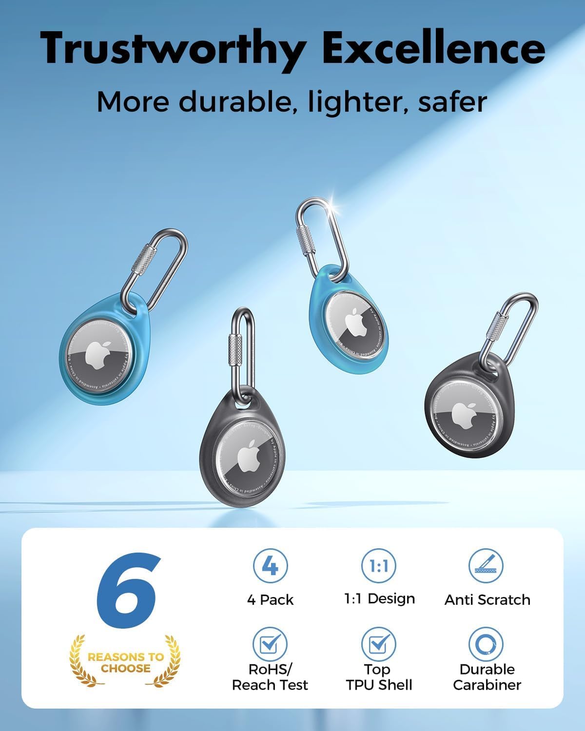 UNBREAKcable AirTag Holder for Apple - 4 Pack Air Tag Case [Professional Carabiner] [Waterproof] [Shockproof] TPU AirTag Keychain for Kids, Pets, Keys, Luggage, Backpacks