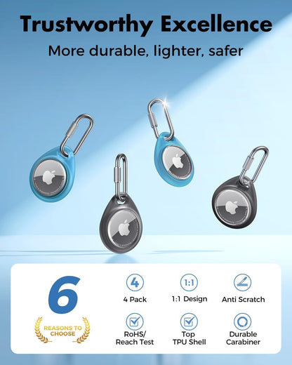 UNBREAKcable AirTag Holder for Apple - 4 Pack Air Tag Case [Professional Carabiner] [Waterproof] [Shockproof] TPU AirTag Keychain for Kids, Pets, Keys, Luggage, Backpacks