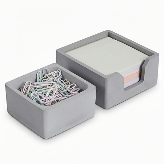 Concrete Desk Organizer Set of 2 - Minimalist Sticky Note Holder & Paper Clip Dispenser - Heavy Duty Office Desk Accessories with Non-Slip Base for Home Workspace Organizer & Desk Decor, White