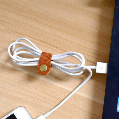 10 Pcs Cord Organizer, Portable Leather Cable Cord Stocking Stuffers for Men USB Straps Earphone Winder with Leather Handmade (Brown/white)