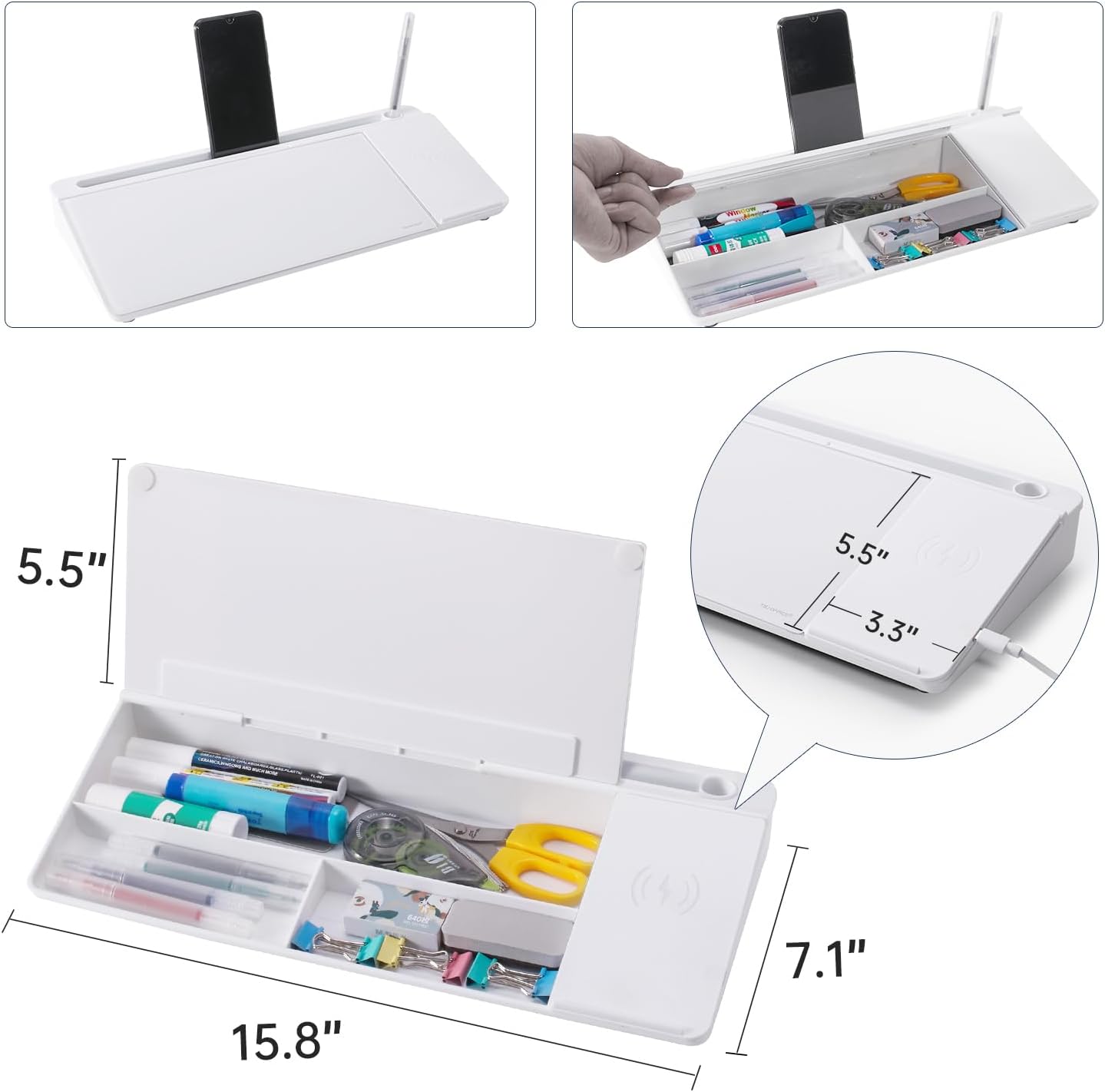 TSJ OFFICE Small Desktop Whiteboard -Glass Dry Erase Board Computer Keyboard Stand White Board Surface Pad with Drawer, Desk Organizers with Accessories for Office, Home, School Supplies - White