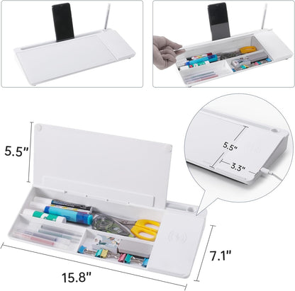 TSJ OFFICE Small Desktop Whiteboard -Glass Dry Erase Board Computer Keyboard Stand White Board Surface Pad with Drawer, Desk Organizers with Accessories for Office, Home, School Supplies - White
