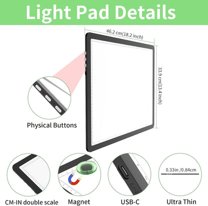 KOBAIBAN A3 Magnetic Light Pad with Bag, Rechargeable Diamond Art Light Board with Side Physical Buttons, 3 Color Light Modes Super Bright Light Table Light Box for Tracing, Drawing, Sketching (White)
