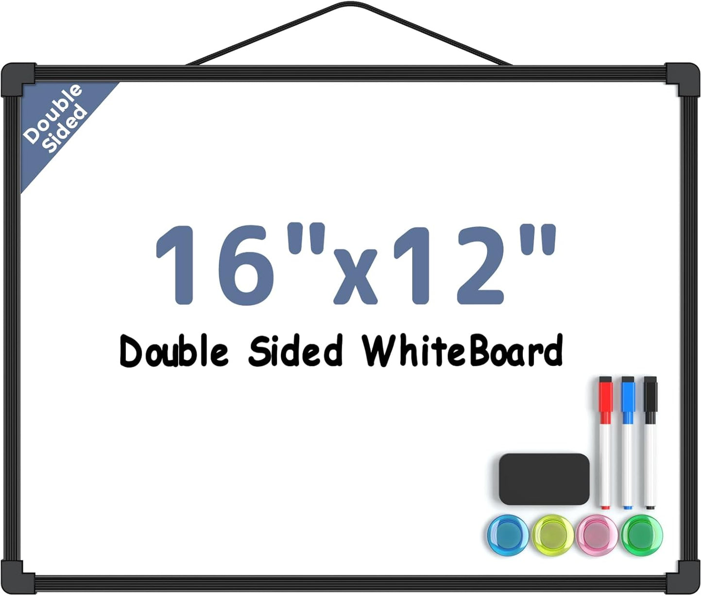 MaxGear Double-Sided Dry Erase Board for Wall, 16"x12" Hanging Whiteboard, Small Dry Erase White Board with 3 Markers and 4 Magnets, Portable Whiteboard for Planning, Drawing, Memo, to Do List