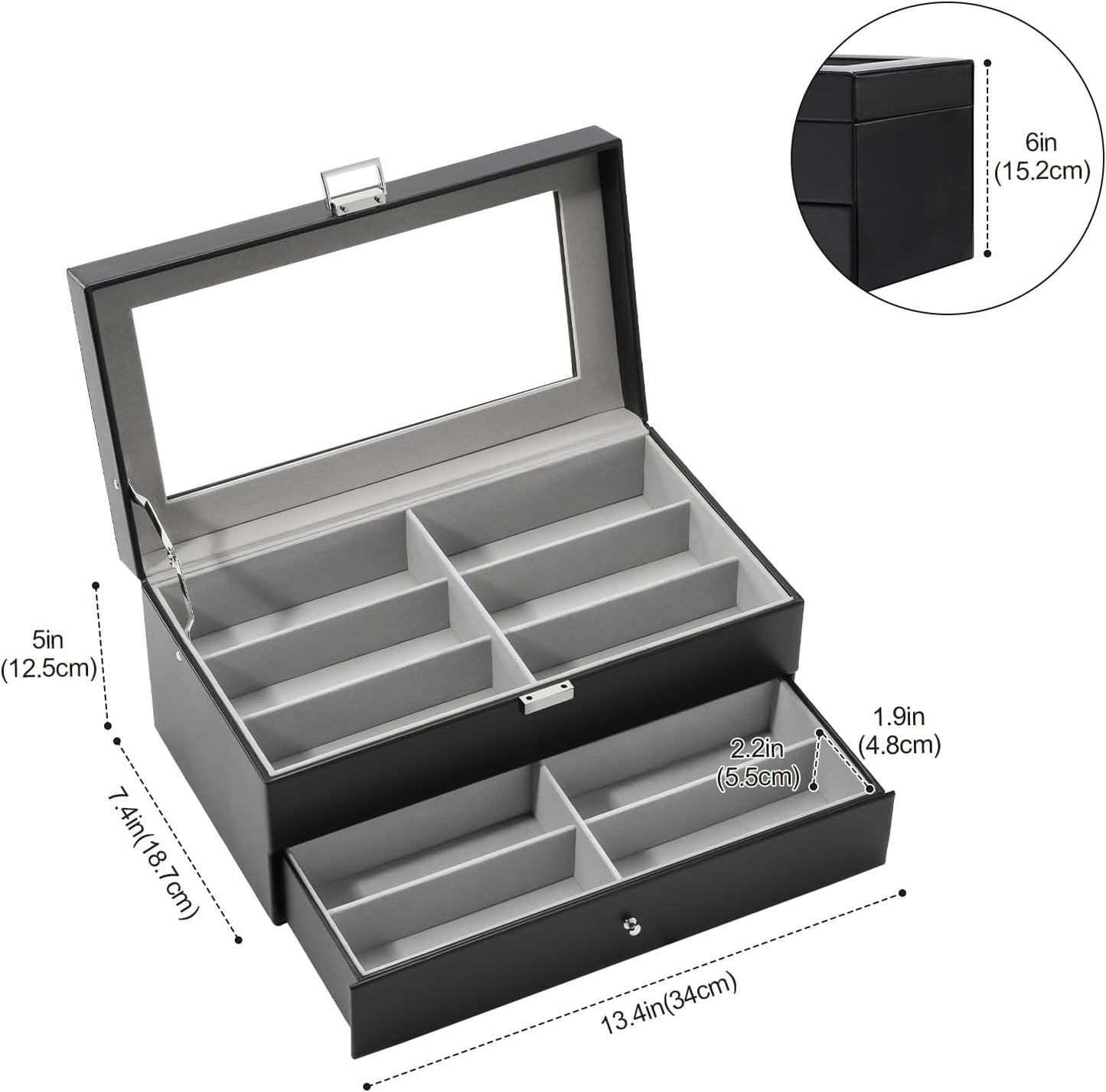 ProCase 3-layer Sunglasses Storage Organizer, 18 Slots Leather Sunglass Box Multiple Pairs Eyeglass Cases Eye Glass Eyewear Display Holder for Men Women, Valentine's Day Gift -Black