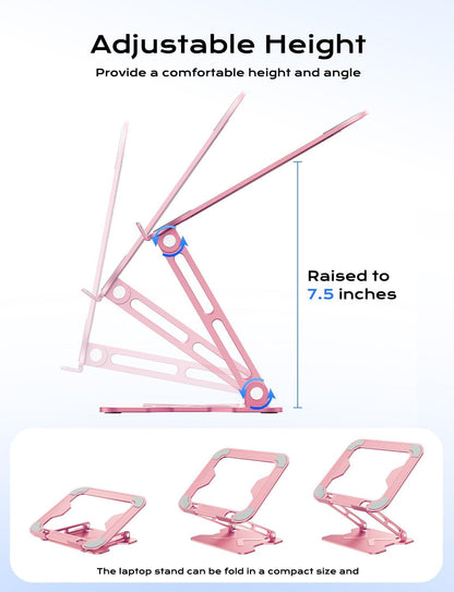 JCZT Adjustable Laptop Stand for Desk, Metal Foldable Laptop Riser, Portable Laptop Holder Mount, Ventilated Cooling Computer Notebook Stand for MacBook Air Pro, All 10-16'' Notebooks Laptops, Pink