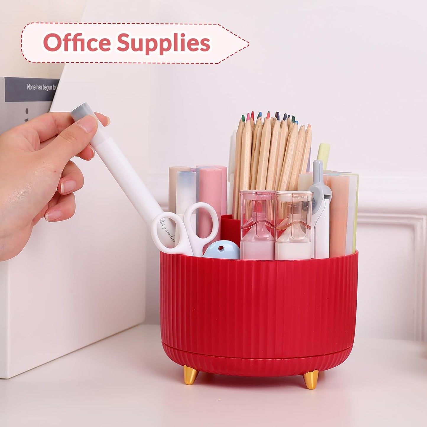 SKYDUE 360 Rotating Plastic Desk Pen Organizer with 5 Slots, Dual-Purpose Art Supply Pencil Cup for Office, School, Home