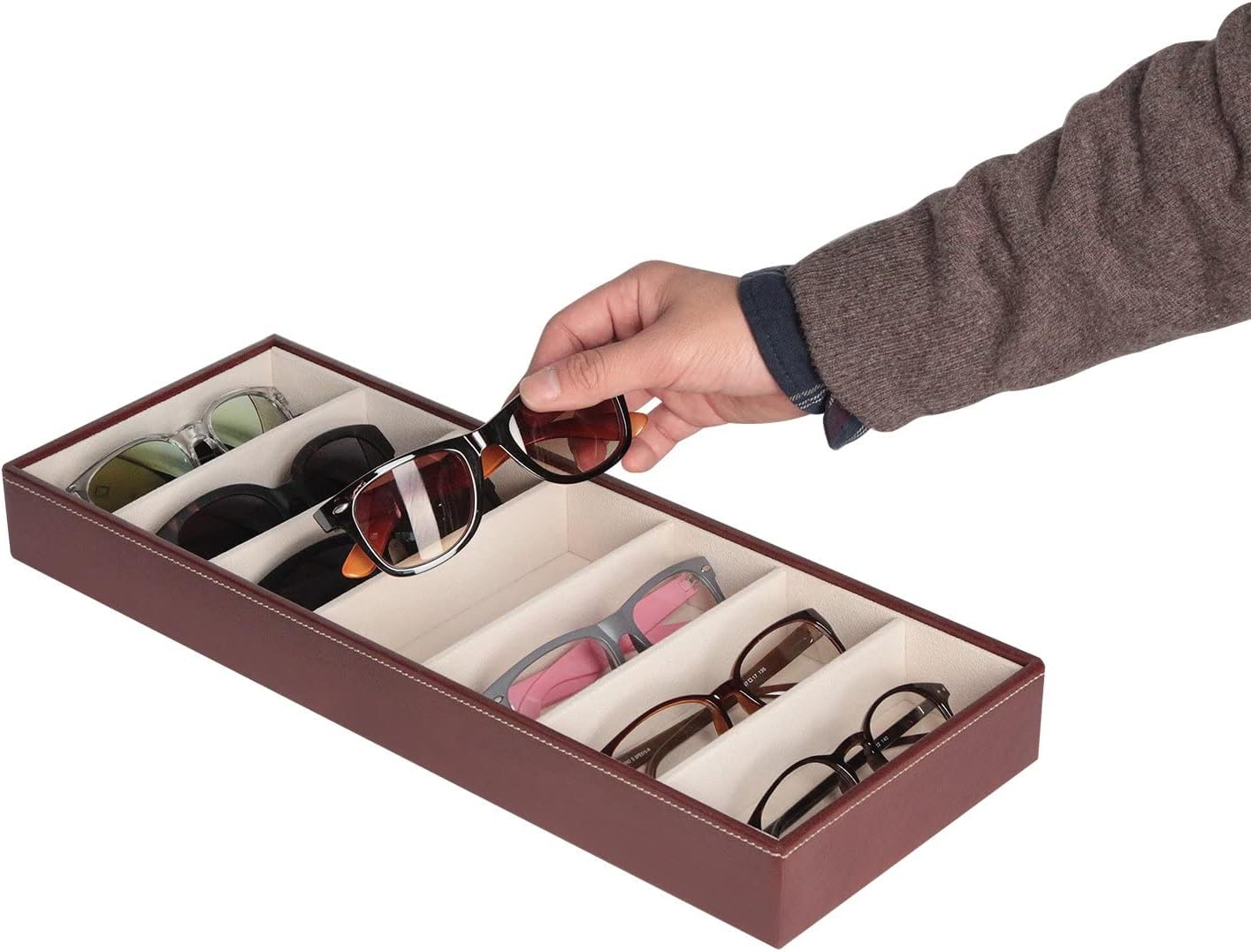 J JACKCUBE DESIGN 7 Slot Sunglasses Organizer, Leather Eyeglass Storage Tray Box for Table, Desk, or Drawer - MK378
