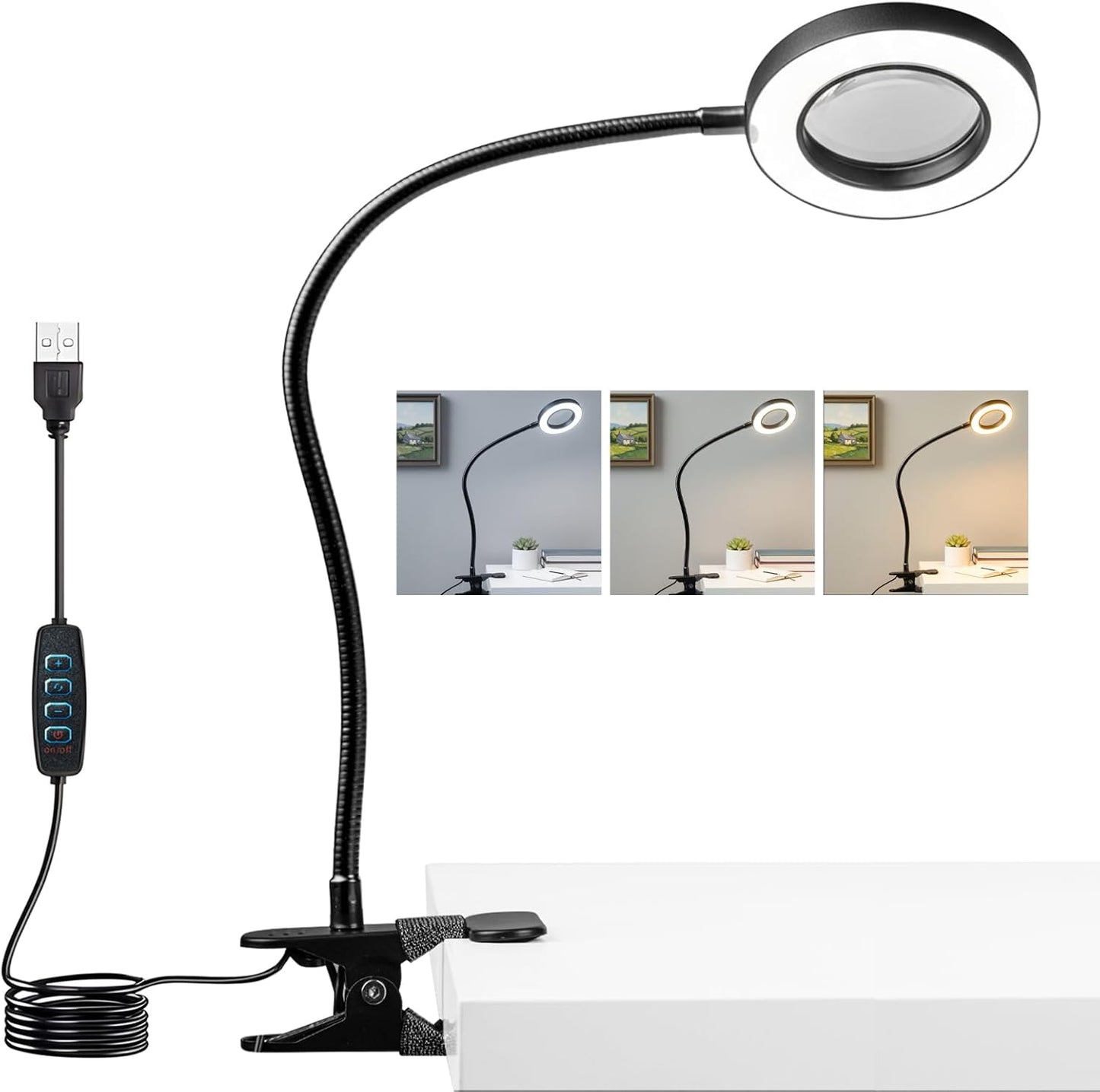 Desk lamp Eye-Caring Table Lamps, 360°Rotation Gooseneck Clip on Lamp Reading Light Portable Reading Book Light Clamp Study Desk Lamps for Bedroom and Office Home Lighting (Black)