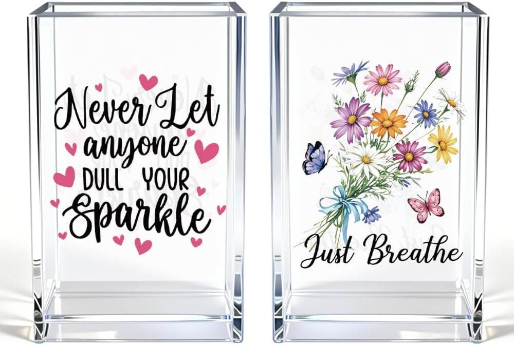 Never Let Anyone Dull Your Sparkle Acrylic Makeup Brush Organizer Holder, Girl Power Desk Acrylic Brushes Storage, Inspirational Quote Gifts for Women Friend Sister Make Up Artist Makeup Lover