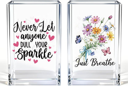 Never Let Anyone Dull Your Sparkle Acrylic Makeup Brush Organizer Holder, Girl Power Desk Acrylic Brushes Storage, Inspirational Quote Gifts for Women Friend Sister Make Up Artist Makeup Lover