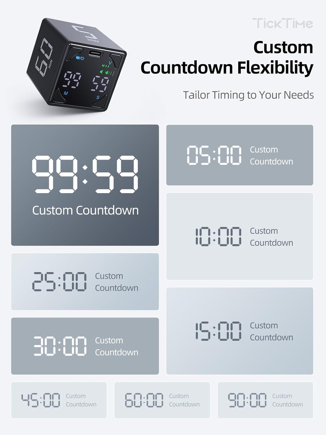 Ticktime Pomodoro Timer Cube, with 25/5 Auto Cycles, 5/25/30/60 Min Presets, Custom Timer, Stopwatch, Magnetic, Rechargeable, Silent, Vibrate & Sound, for Task, ADHD, Study, Work, Meeting, Black