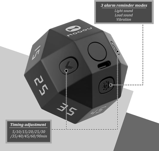 Cube Timer, ABS Rotating Pomodoro Timer Time Management Cube with 12 Side Time Module Rechargeable Pomodoro Timer 3 Alarm Reminder Modes Cube Timer Suitable for Bedroom