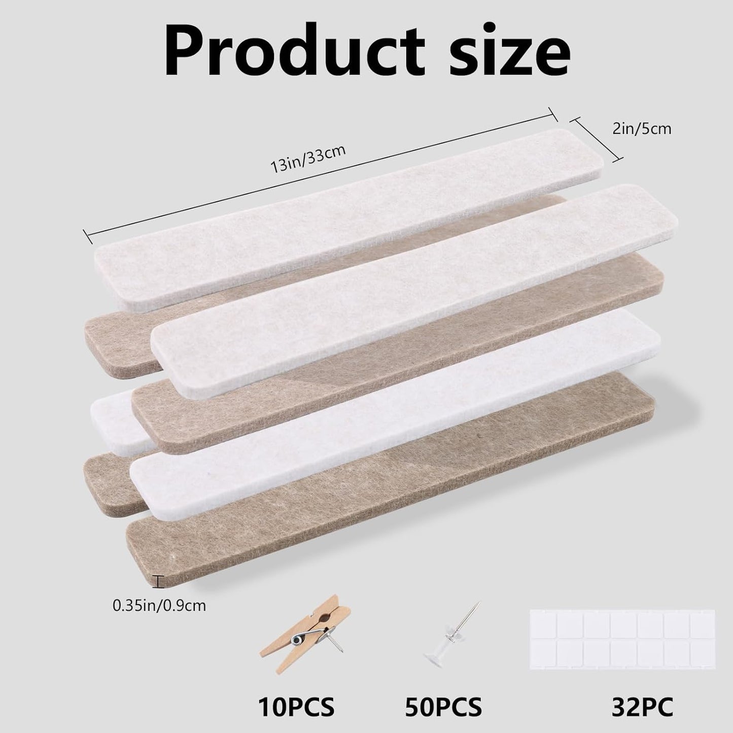Vuzvuv 8 pcs Bulletin Board Bar Strips with 50 Pushpins & 10 Wooden Clip pins，Self Adhesive Cork Board for Wall，Felt Pin Board for School，Office Decor（Black White Grey）
