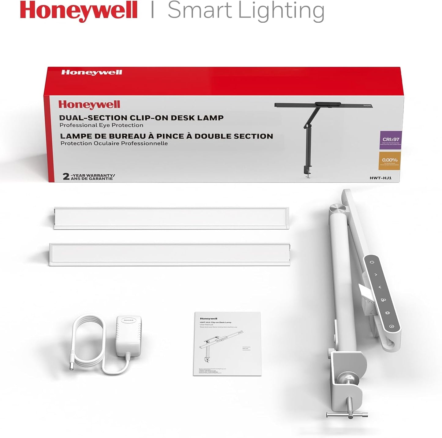 Honeywell LED Desk Lamp with Clamp - HJ1 Sunturalux Eye-Caring Clip on Lights for Home Office, 1200LM Clamp Lamp 4 Color Modes Stepless Dimming Task Desk Light for Working Black