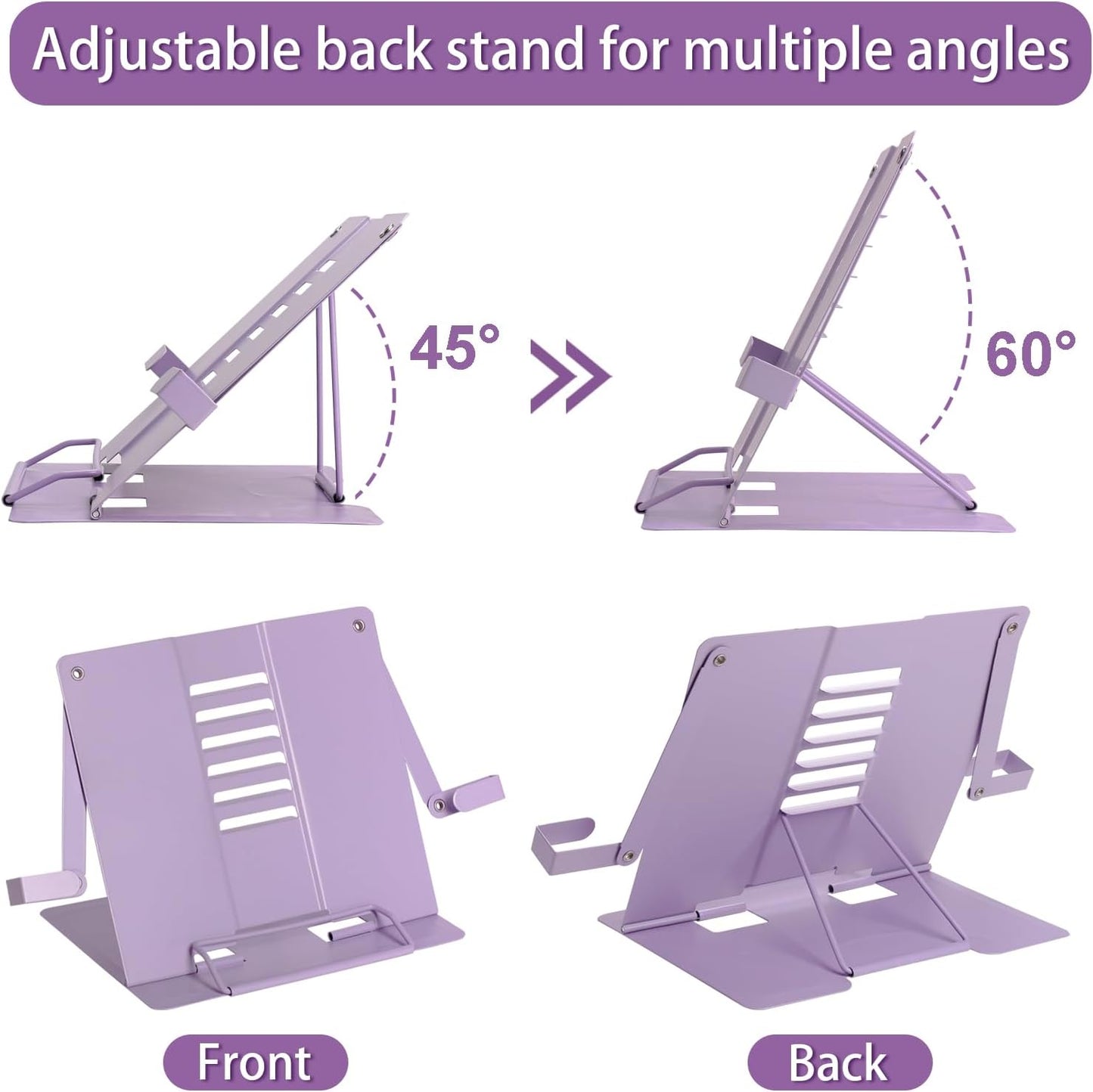 Metal Desk Book Stand for Reading with Adjustable Clips, Hands-Free Foldable Book Holder for Kids, Portable Document Stand for Desk, Display Stand for Recipes, Cookbooks, Tablets - Black