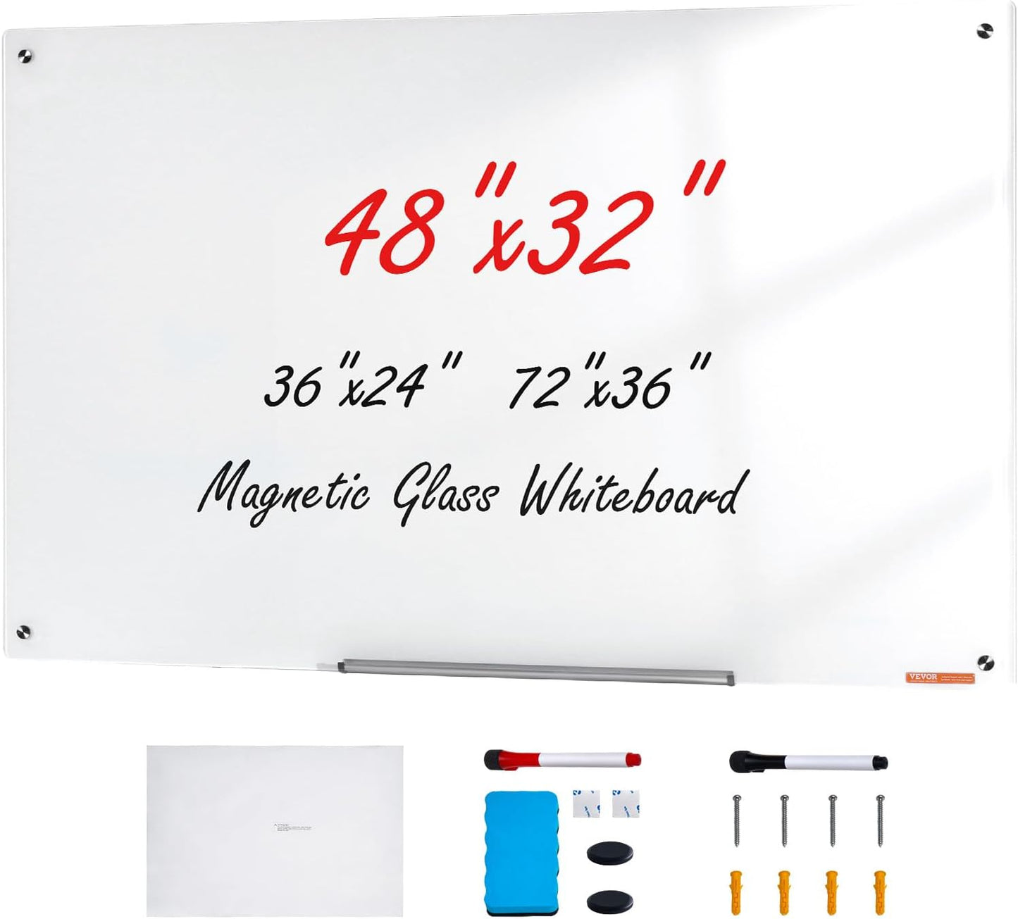 VEVOR Magnetic Glass Whiteboard, Dry Erase Board 36"x24", Wall-Mounted Large White Glassboard Frameless, with Marker Tray, an Eraser and 2 Markers, Black