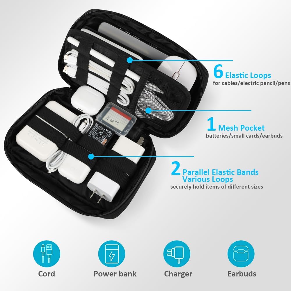 GOX Cable Organizer Travel Bag, Water Resistant Electronic Accessories Case, All-in-One Tech Storage Pouch for Chargers, Cords, Batteries,Phone, Hard Drive & Power Bank, Black