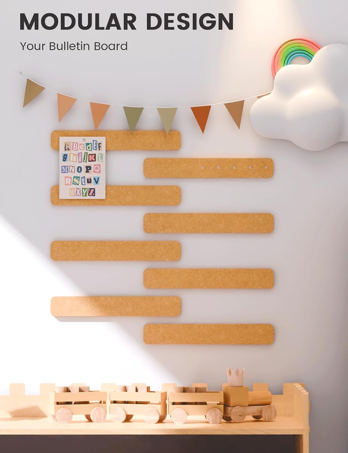Fluxynara Cork Board Alternative Felt Strip Board 8-Pack 13"x2", Office Pin Board with 50 Push Pins, Adhesive Install for Bedroom Door & Home Office(Linen Dusk)
