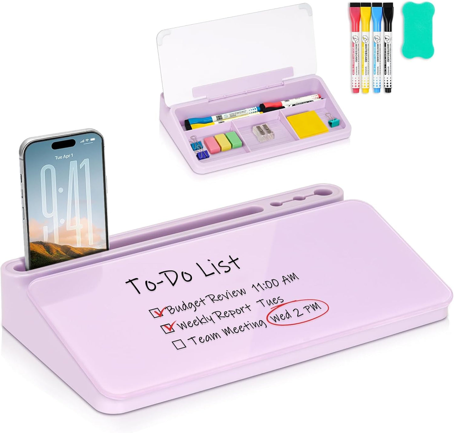 WALGLASS Small Desktop Whiteboard with Storage, Glass Desk Dry Erase White Board Computer Keyboard Stand with Drawer, Desk Organizers with Accessories for Office, Home, School Supplies White