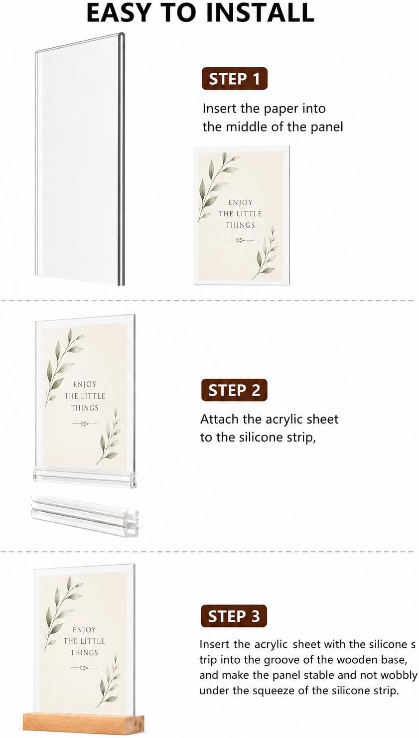 4x6 Acrylic Sign Holder with Beech Wood Base, 12 Pack Clear Double-Sided Tabletop Sign Display Stand, Dual-Use L/T Base for Menu, Wedding Table Number, Photo, Flyer and Retail Display (12, 4x6)