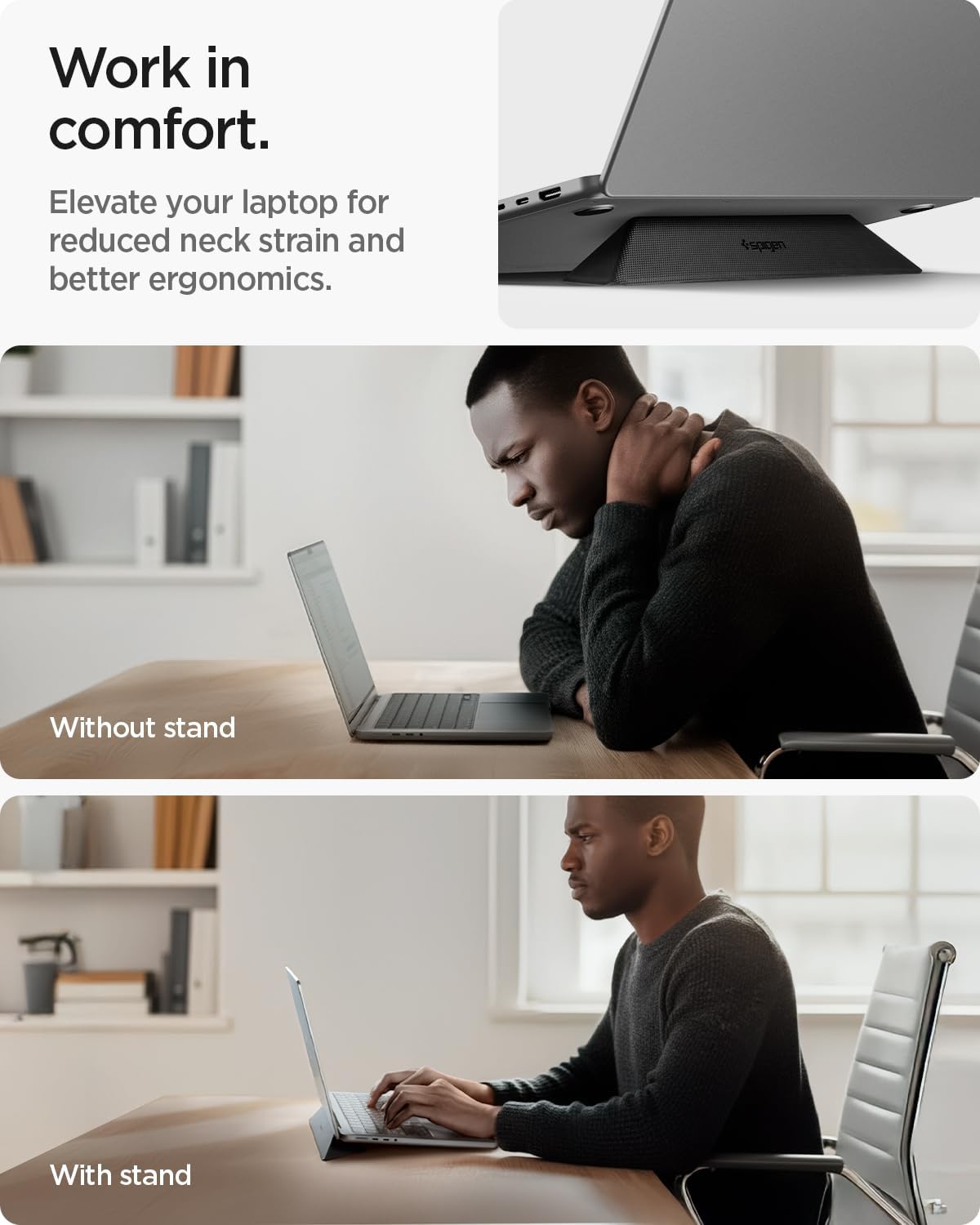 Spigen Slim Fold Portable Laptop Stand Keyboard Riser Foldable Ergonomic Angle Lift Anti-Slip Compatible with MacBook Neo, MacBook Air, MacBook Pro 11"-16" and iPad/Air/Pro and More - Black (LD201-S4)