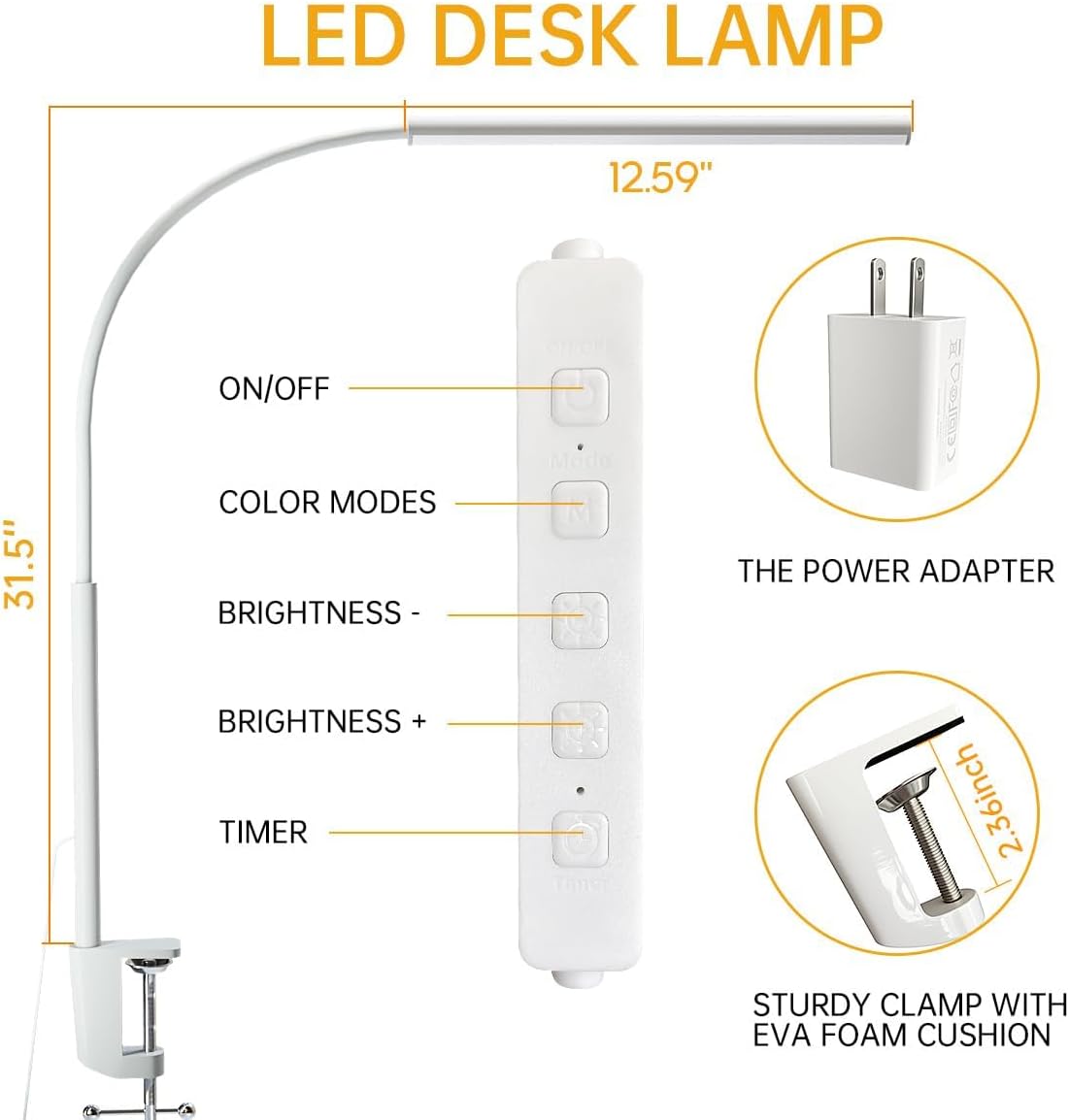 LED Desk Lamp with Clamp, Eye-Protection Clip on Desk Lamp, 5 Modes 10 Brightness Adjustment, 360°Flexible Gooseneck Lamp for Home Office ，Lights with USB Adapter (Black, Mini)