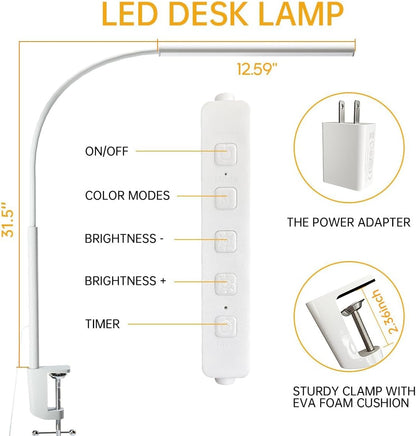 LED Desk Lamp with Clamp, Eye-Protection Clip on Desk Lamp, 5 Modes 10 Brightness Adjustment, 360°Flexible Gooseneck Lamp for Home Office ，Lights with USB Adapter (Black, Mini)