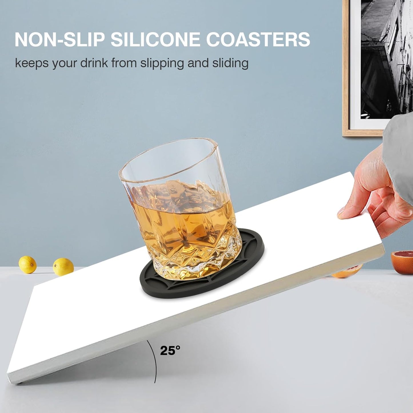 2 Pack Silicone Coasters for Drinks, Round Black Coaster with Deep Tray Grooved Design Cup Mat, Washable Heat Resistant Durable Non-Slip Coasters for Coffee Table Wooden Desk Kitchen Bar