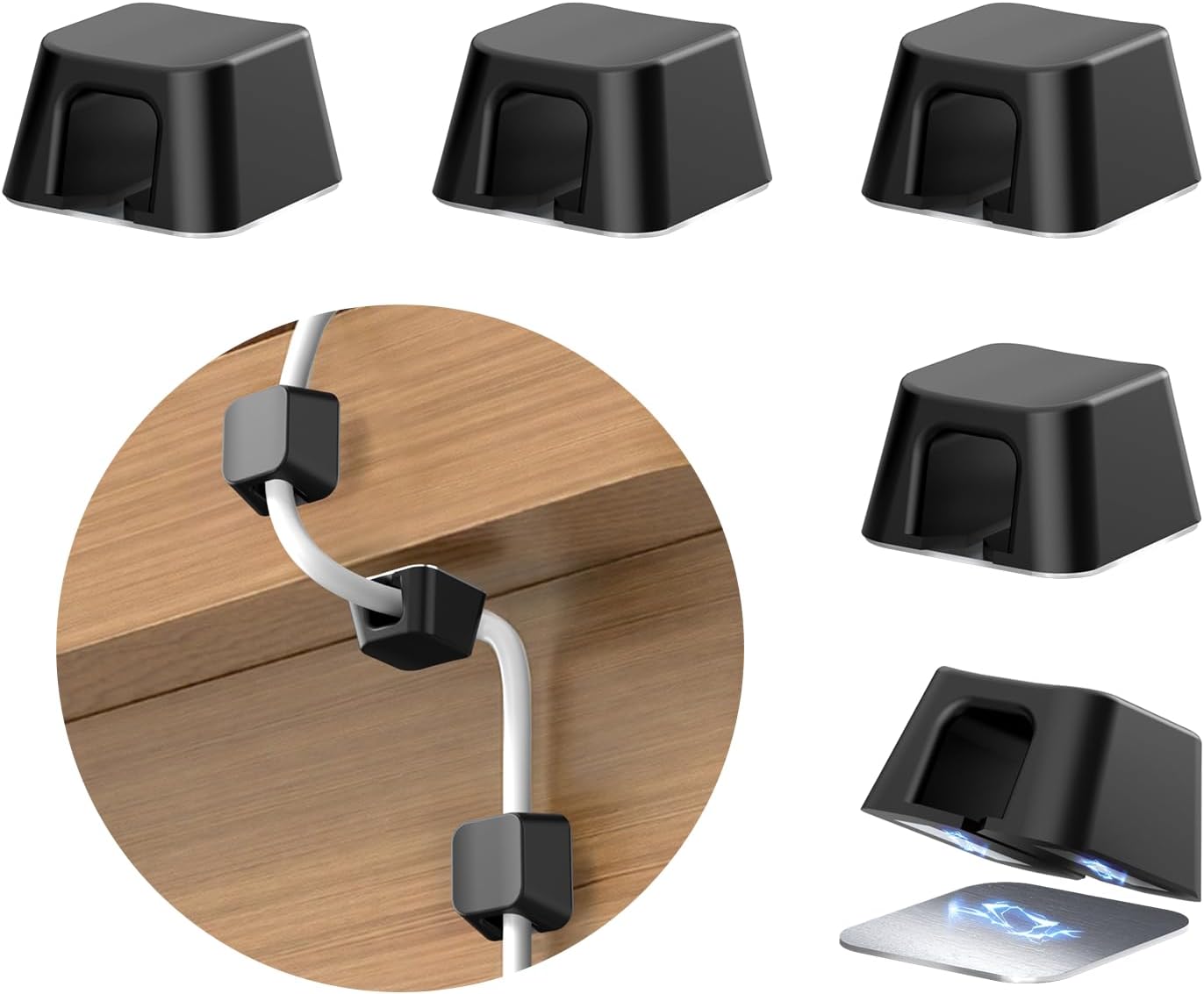 Maveek Magnetic Cord Clips, Cable Holder Magnet Silicone Cord Organizer Keyboard Keys Square Cable Management for Charging USB C Ethernet HDMI Home Office Car TV Cables (5 Pack, Black)